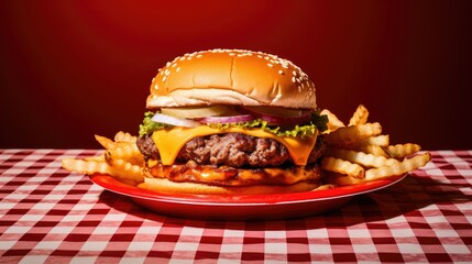 Wall Mural - photograph of a classic American cheeseburger on a red and white checkered plate