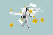 © deagreez - Banner creative image collage of girl in autumnal outfit walk with computer laptop