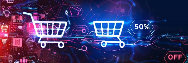 Poster - A vibrant digital background showcasing shopping carts, product icons, and a bold 50% OFF text, all against a futuristic backdrop of Wi-Fi signals and cloud icons. Generative AI