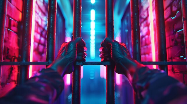 Prisoners hands on bars, Cyberpunk, Neon highlights, 3D render, Futuristic elements and dramatic lighting 8K , high-resolution, ultra HD,up32K HD