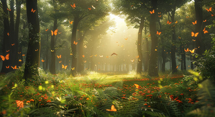 Poster - An enchanted forest, with beautiful and tall trees, we have a wide meadow and we have clouds in the background, many butterflies flying and the light is warm. Generative AI.