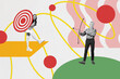 © deagreez - Trend artwork sketch composite photo collage of young lady hold target goal achieve aim strategy arrow get center aged man archery