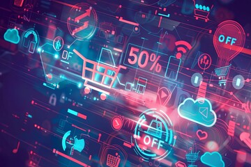 Aufkleber - An abstract background with futuristic digital elements showcasing an online sale with 50% off discounts. Generative AI