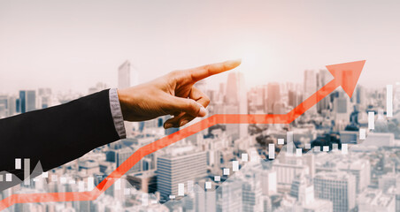 Wall Mural - Double Exposure Image of Business and Finance - Businessman with report chart up forward to financial profit growth of stock market investment. uds