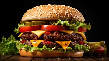 Wall Mural - photograph of a mouthwatering cheeseburger with all the fixings on a sesame seed bun
