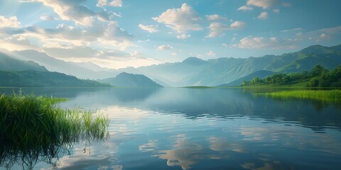 Poster - Serene Landscape with Reflective Lake and Majestic Mountains in the Distance