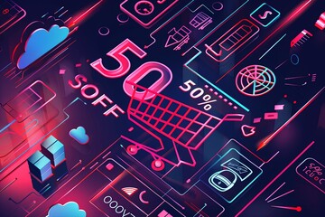 Aufkleber - An abstract, neon-lit background representing an online sale with 50% off, shopping carts, product icons, and futuristic digital elements. Generative AI