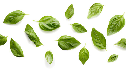 Wall Mural - Falling basil leaves isolated on white background
