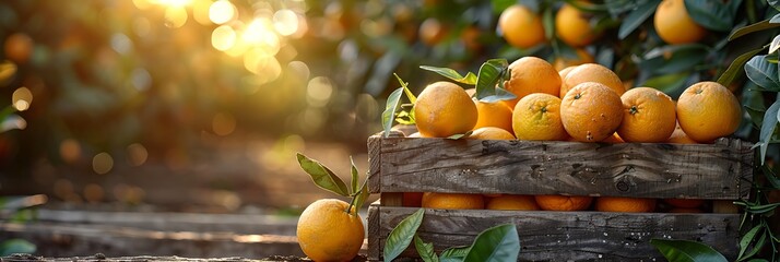 A crate of juicy oranges in an orchard with sunlight filtering through the tree leaves, capturing a fresh and vibrant farm scene.
