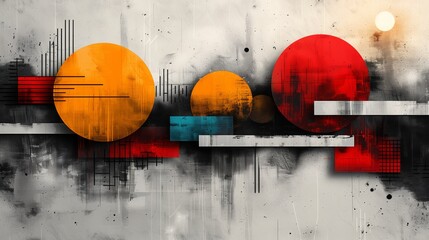 Poster - A modern, abstract art piece featuring a textured gray background with overlapping geometric shapes in vibrant colors, including orange, red, and blue circles.