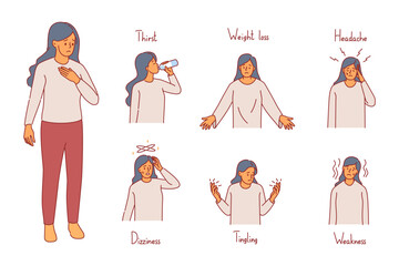 woman with diabetes symptoms. female character with high blood sugar and insulin resistance, patient