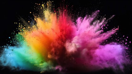 Wall Mural - A vibrant explosion of powder paints captured in mid-air, with a spectrum of rainbow colors against a black background.