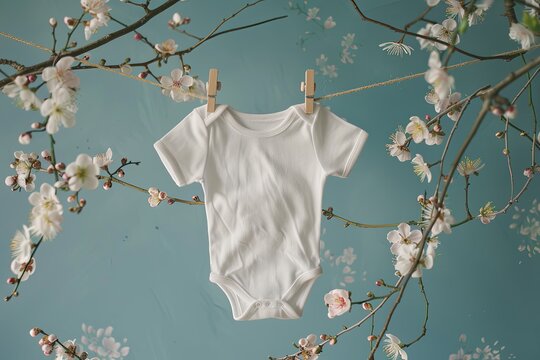 A baby onesie is hung on a string with wooden clips against a backdrop of almond blossoms.