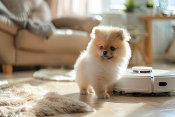 Wall Mural - A round washing robot vacuum cleaner cleans a room with a cozy modern interior, a Pomeranian puppy stands nearby