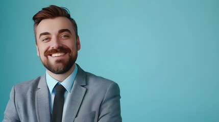 Poster - Smiling Corporate Professional in Formal Attire on Vibrant Background