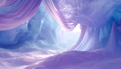 Poster - A large stage with blue water and white silk floating in the air, creating an ethereal scene
