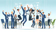 © Christophe - Illustration d'une équipe célébrant le succès. Les collègues sautent de bonheur dans un environnement de bureau symbolisant la réussite et la dynamique de groupe