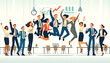 © Christophe - Illustration d'une équipe célébrant le succès. Les employés en tenue professionnelle sautent de bonheur dans un bureau , soulignant la collaboration et la victoire collective