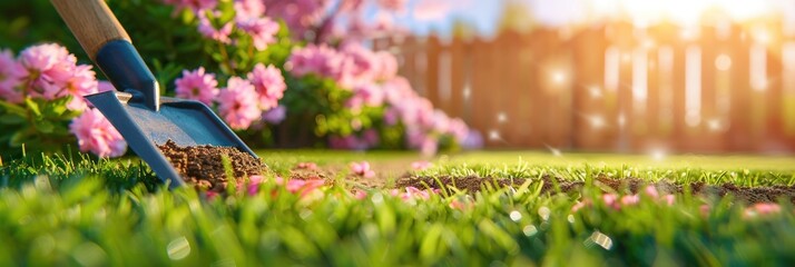 A shovel lying on a grassy lawn with pink flowers blooming in the background