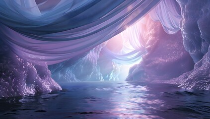 Poster - A large stage with blue water and white silk floating in the air, creating an ethereal scene
