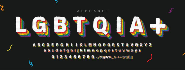 Pride month LGBTQIA+ rainbow color typography font text design with alphabet letters and numbers, vector design on dark background