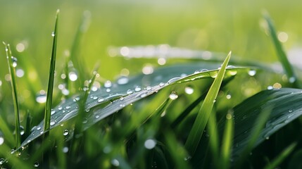 Wall Mural - Fresh green grass with dew drops close up. Natural background.