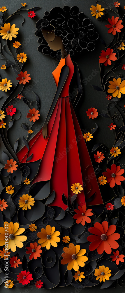 A woman in a red dress is walking through a field of flowers. The ...
