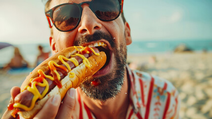 A bearded funny man in sunglasses is eating a hot delicious hot dog with mustard and ketchup on the beach on a sunny hot day. The scene is carefree and fun