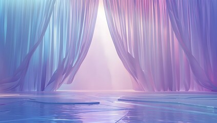 Poster - A large stage with blue water and white silk floating in the air, creating an ethereal scene
