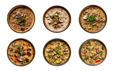 Wall Mural - Collection bowl of tasty mushroom soup isolated on a transparent background, top view, cut out, PNG