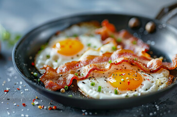 Canvas Print - Hearty breakfast is served in a black frying pan and wooden board, fried eggs with bacon and tomatoes, two pieces of bread are on a wooden table.