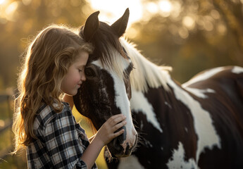 Wall Mural - A girl petting her black and white horse on the farm during golden hour