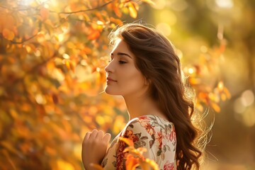 An outdoor portrait of a pretty young girl posing next to a yellow leaf tree in her long hair, long dress, and flower garden. Concept for summertime dressing.