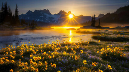 Wall Mural - A beautiful landscape with a large body of water and a field of yellow flowers