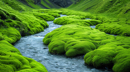 Wall Mural - A river with green grass and moss on the banks