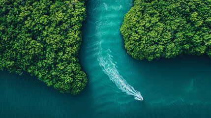 Poster - A boat is traveling down a river with trees on both sides