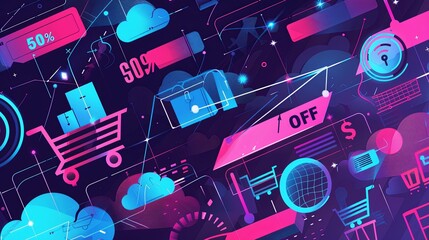 Aufkleber - Abstract background depicting an online sale with digital shopping carts, product icons, and 50 OFF text. Generative AI
