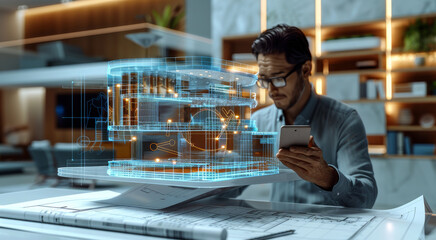 Poster - An architect sitting at a table with blueprints, using augmented reality on a mobile device to display digital twin engineering of an HVAC system. Generative AI.