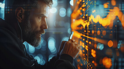 Poster - Website background image of a trader using an ai crypto trading bot on a mobile device cellular phone, trader, trading charts. Generative AI.