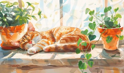 Wall Mural - A cat is sleeping on a windowsill next to two potted plants