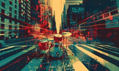 A city street with a drum set on the ground