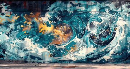 Wall Mural - A mural of a wave with a splash of yellow and orange