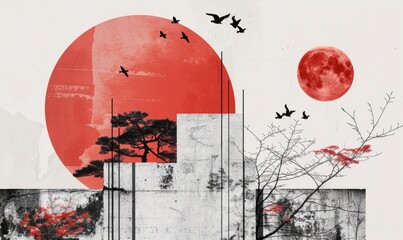 A painting of a red moon and a large red circle with birds flying around it