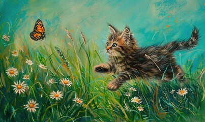 Oil pastel drawing of a playful kitten chasing a butterfly through a field of tall grass and daisies