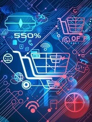 Aufkleber - A futuristic digital artwork depicting an online sale with a shopping cart, product icons, and 550% OFF text on an abstract background. Generative AI