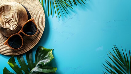 Wall Mural - Summer vacation background. Top view of straw hat, leaves, greens, glasses on blue background.