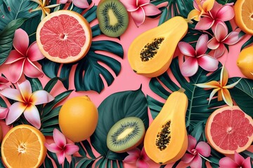 Fototapete - Tropical fruits witj palm leaves background concept.