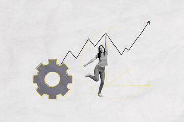 Poster - Composite artwork collage image picture of mini black white colors girl cogwheel arrow pointer isolated on creative background