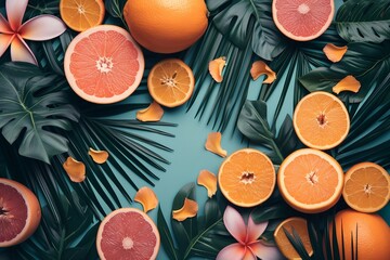 Fototapete - Tropical fruits witj palm leaves background concept.