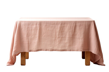 A Pristine White Linen Tablecloth Draped Over a Rustic Wooden Table Isolated on a Transparent Background PNG.